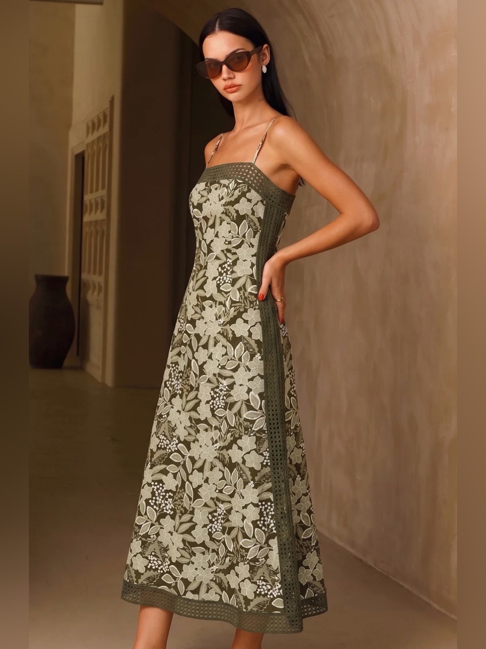 Commense Floral Trim Crochet Trim Maxi Slip Dress